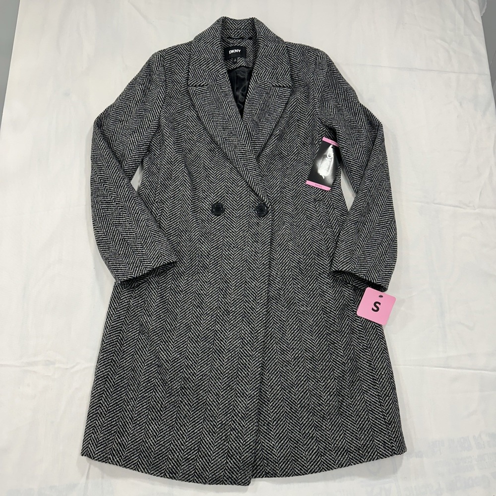 DKNY Women's Herringbone Faux Wool Coat Black and Grey Double Breast Small NWT